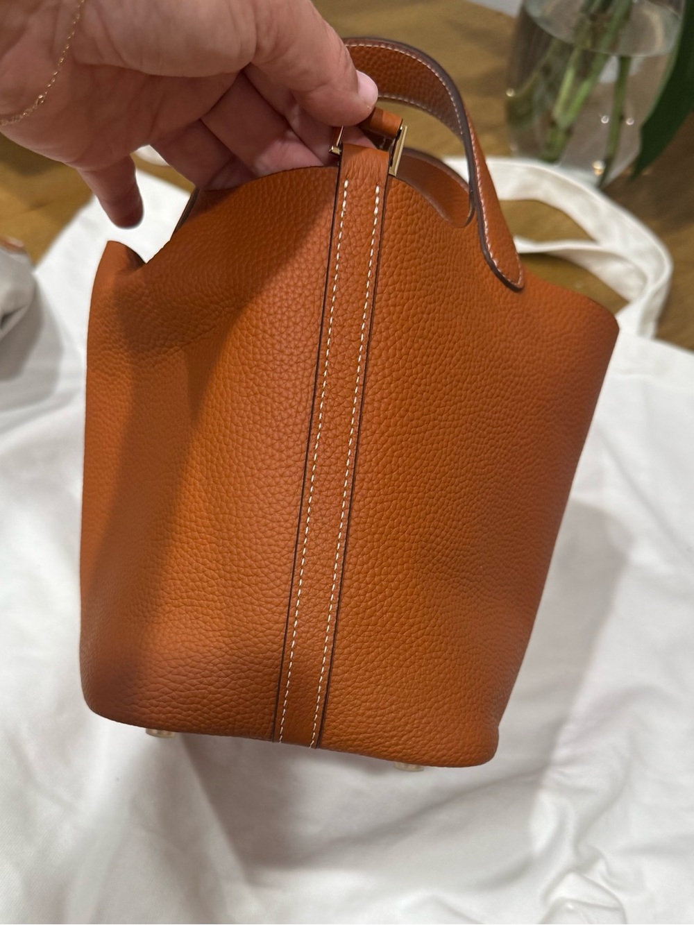 Leather Bucket Bag with lock, key, & clochette: Cognac Brown with Gold Hardware - Picture 4 of 8